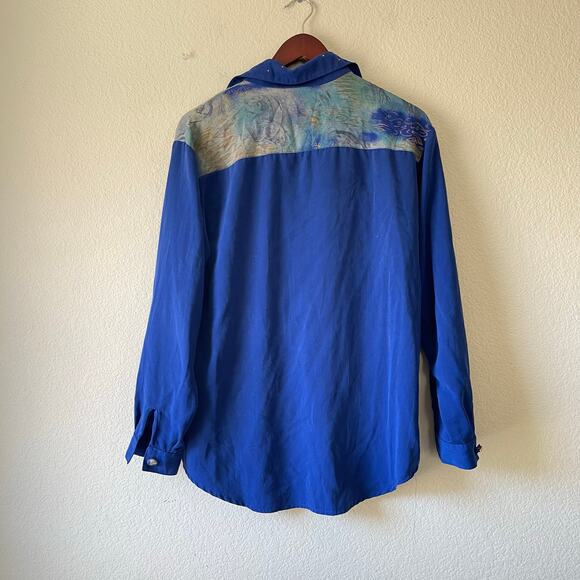 Vintage Silk Military Inspired Button Up Shirt Royal Blue Statement Top Size XL - Picture 3 of 4
